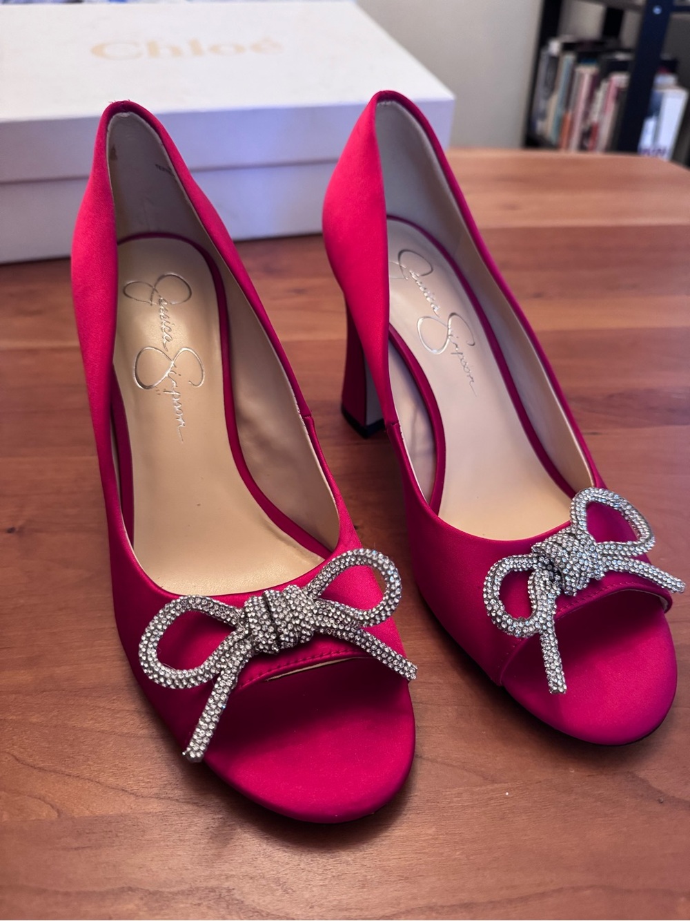 Satin Peep-Toe Heels with Crystal Bow